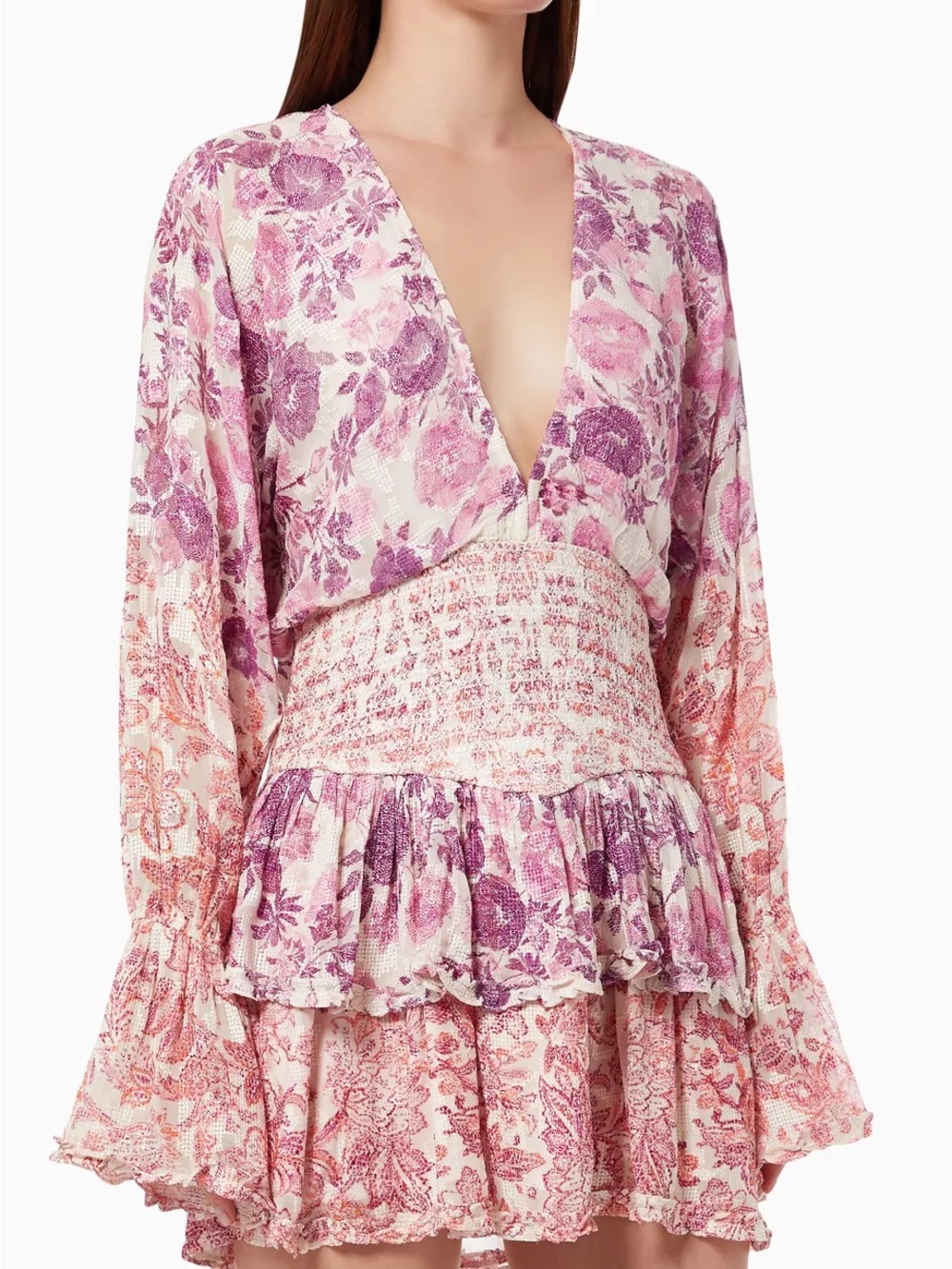 Hermant & Nandita Pink Floral Smocked-Waist Mini Dress